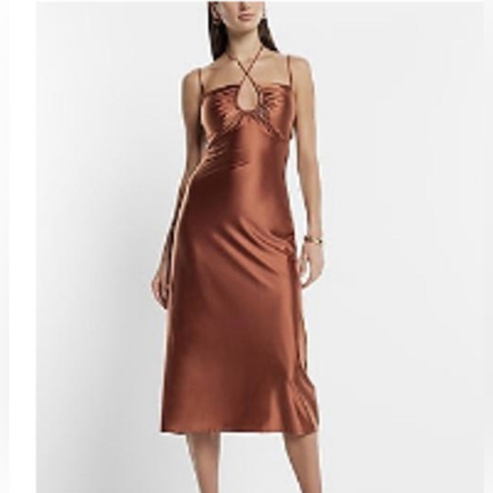Express satin strappy halter neck midi dress with bra cups